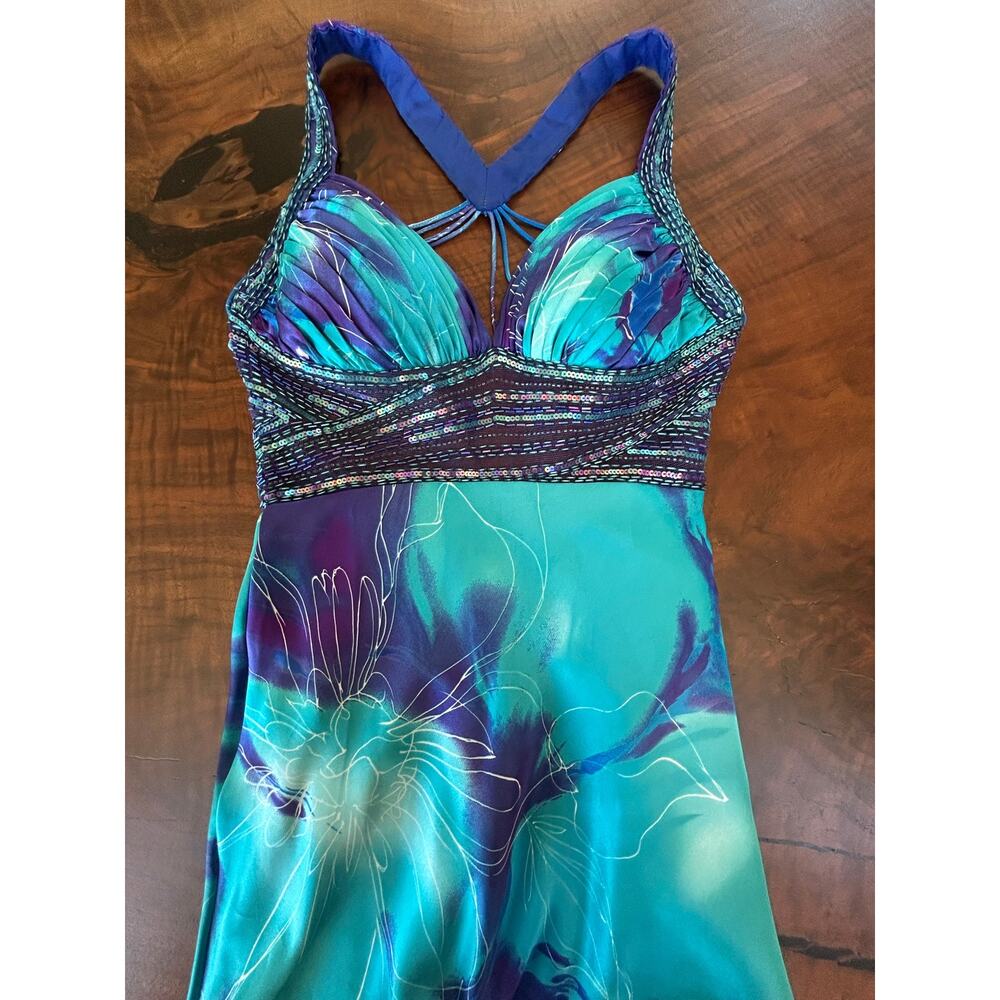 Caché Vintage Beaded Mermaidcore Maxi Dress Watercolor Blue Purple Prom Size 4